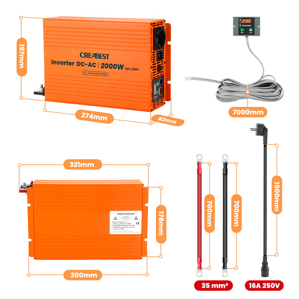 CREABEST 2000W Wechselrichter 12V auf 230V Reiner Sinus