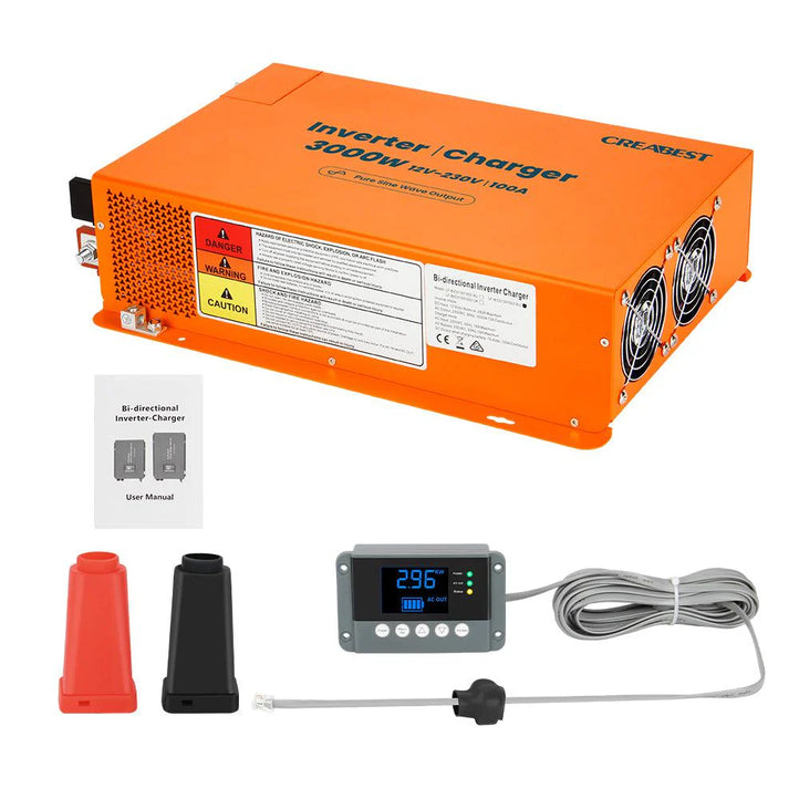 CREABEST 3000W Wechselrichter 12V auf 230V Reiner Sinus für Wohnmobil, Solaranlagen, Off Grid mit FI-Schalter, Ladegerät 100A & 2x Wechselrichterkabel 50 mm² B-Ware aus Retouren