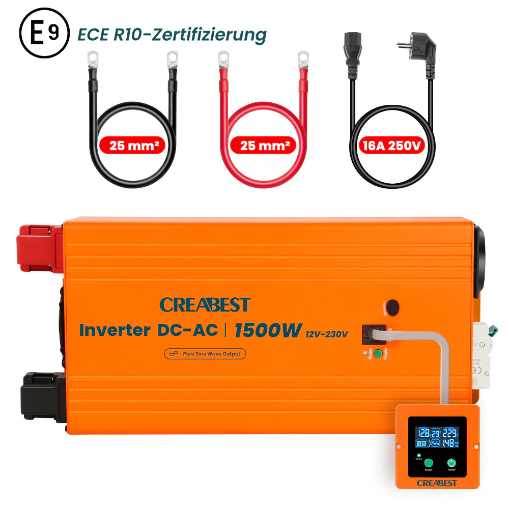 CREABEST 1500W Wechselrichter 12V auf 230V Reiner Sinus für Wohnmobil, Off Grid mit FI-Schalter, NVS, USV, R10, Wechselrichterkabel 25 mm² & AC Kabel (USt-befreit nach §12 Abs.3 Nr. 1 S.1 UStG) Deutschland