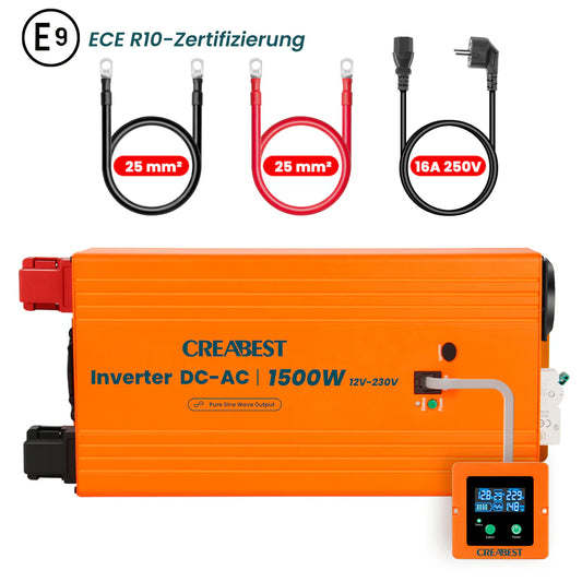 CREABEST 1500W Wechselrichter 12V auf 230V Reiner Sinus für Wohnmobil, Off Grid mit FI-Schalter, NVS, USV, R10, Wechselrichterkabel 25 mm² & AC Kabel (USt-befreit nach §12 Abs.3 Nr. 1 S.1 UStG) Deutschland