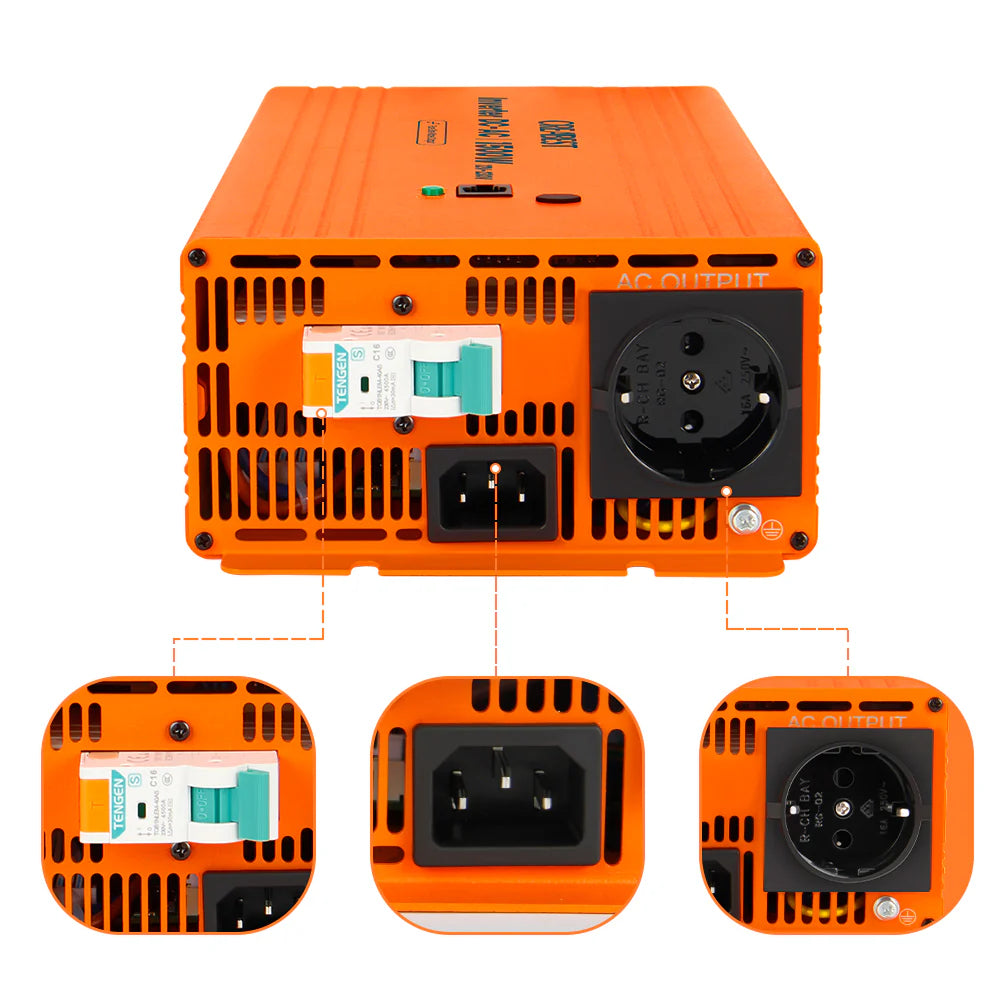 CREABEST 1500W Wechselrichter 12V auf 230V Reiner Sinus für Wohnmobil, Off Grid mit FI-Schalter, NVS, USV, R10, Wechselrichterkabel 25 mm² & AC Kabel (USt-befreit nach §12 Abs.3 Nr. 1 S.1 UStG) Deutschland