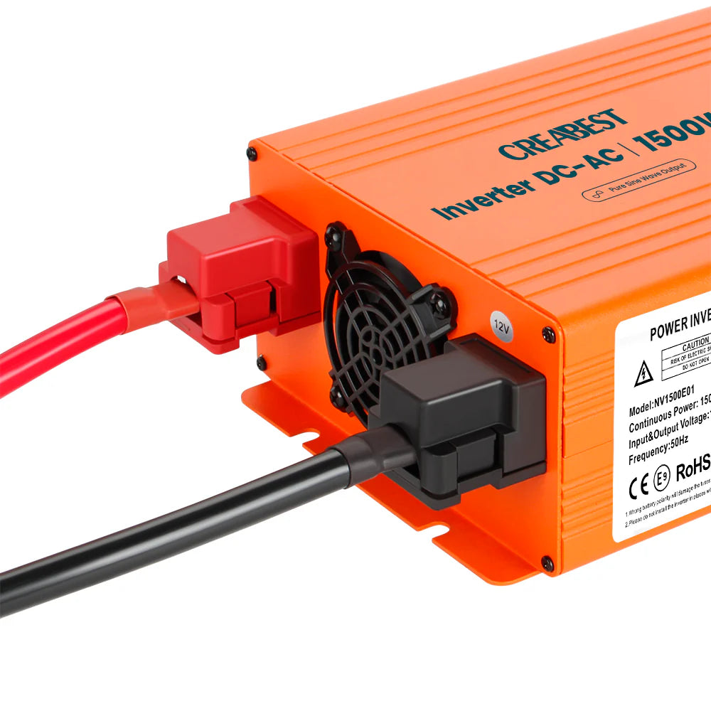 CREABEST 1500W Wechselrichter 12V auf 230V Reiner Sinus für Wohnmobil, Off Grid mit FI-Schalter, NVS, USV, R10, Wechselrichterkabel 25 mm² & AC Kabel (USt-befreit nach §12 Abs.3 Nr. 1 S.1 UStG) Deutschland