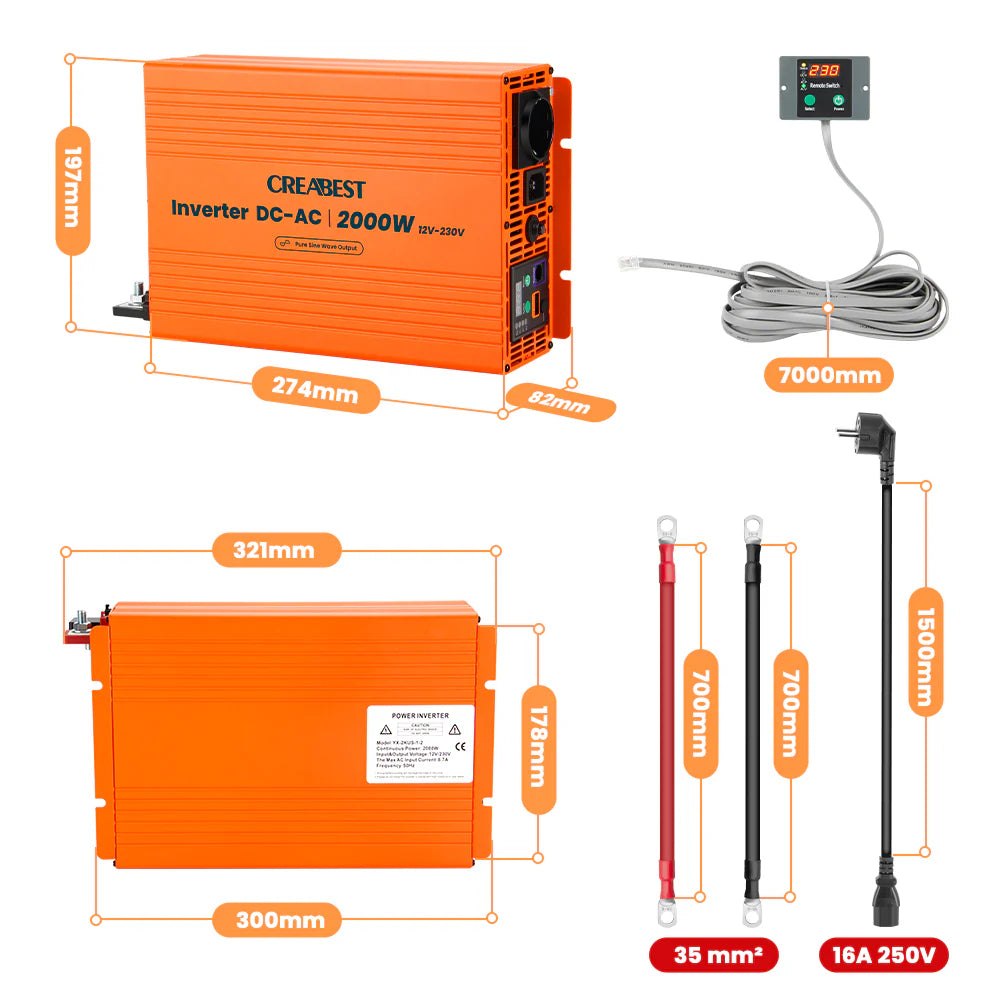 CREABEST 2000W Wechselrichter 12V auf 230V Reiner Sinus 