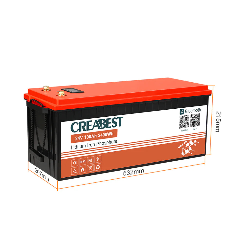 CREABEST LiFePO4 Akku 100Ah 24V für Wohnmobil, Marine, etc. Backup Stromversorgung mit Bluetooth