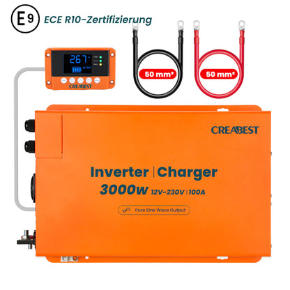 CREABEST 3000W Wechselrichter 12V auf 230V Reiner Sinus für Wohnmobil, Off Grid mit FI-Schalter, Ladegerät 100A, NVS, USV, R10, Wechselrichterkabel 50 mm² (USt-befreit nach §12 Abs.3 Nr. 1 S.1 UStG) Deutschland