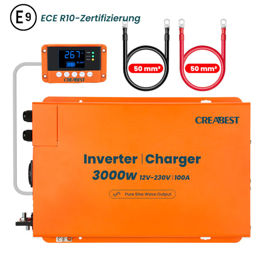 CREABEST 3000W Wechselrichter 12V auf 230V Reiner Sinus für Wohnmobil, Off Grid mit FI-Schalter, Ladegerät 100A, NVS, USV, R10, Wechselrichterkabel 50 mm² (USt-befreit nach §12 Abs.3 Nr. 1 S.1 UStG) Deutschland