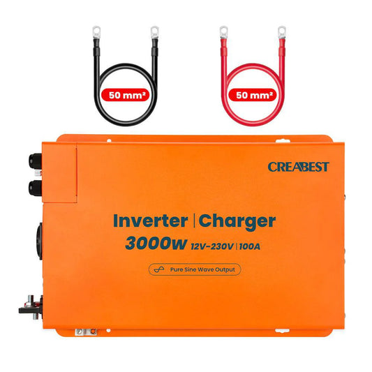 CREABEST 3000W inverter 12V to 230V pure sine wave for mobile homes, solar systems, off-grid with charger 100A &amp; 2x inverter cables 50 mm²