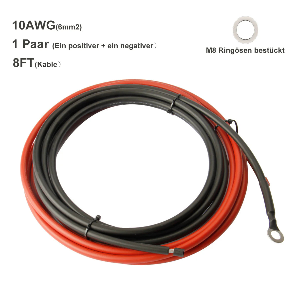 CREABEST Batteriekabel mit M8 Kabelschuh Ringösen - Solar Akku zu Laderegler 6mm² / 10 AWG (2.5m Rot + 2.5m Schwarz)