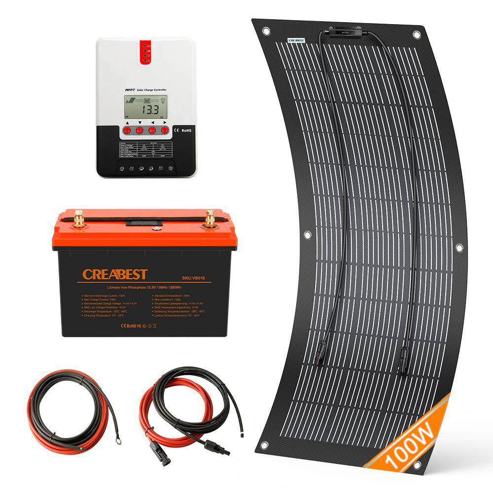 CREABEST Solaranlage für Wohnmobil / Wohnwagen / Boote / Camping 100W Flexible mit Batterie