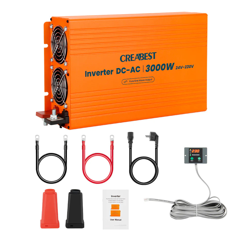 CREABEST 3000W Wechselrichter 24V auf 230V Reiner Sinus für Wohnmobil, Solaranlagen, Off Grid mit FI-Schalter & 2x Wechselrichterkabel 25 mm²