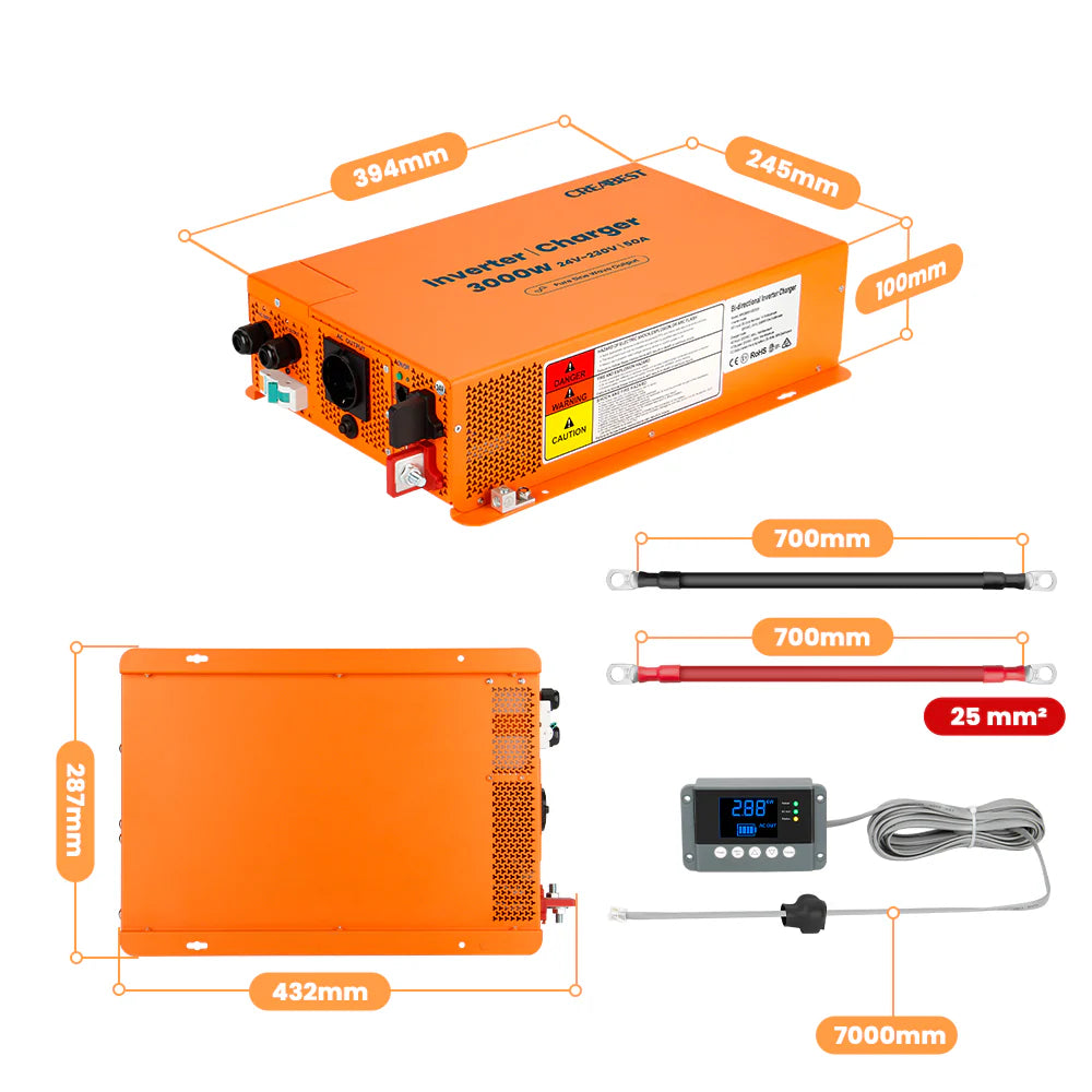 CREABEST 3000W Wechselrichter 24V auf 230V Reiner Sinus für Wohnmobil, Solaranlagen, Off Grid mit FI-Schalter, Ladegerät 50A & 2x Wechselrichterkabel 25 mm²