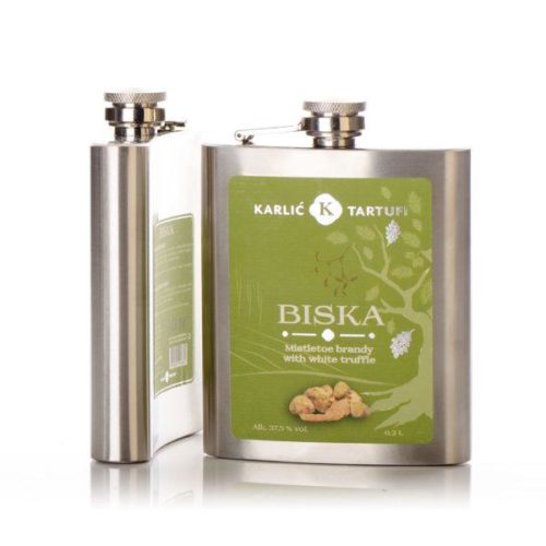 Truffle Grappa “Biska” (grappa with dried mistletoe leaves and white truffles in a hip flask)