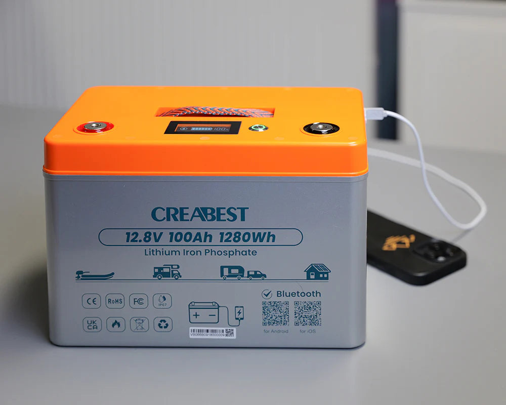 CREABEST LiFePO4 Akku 100Ah 12.8V für Wohnmobil Camping Solaranlagen Elektromotor Boot mit Selbsterwärmung & Typ C Ladeanschlüssen & Wasserdicht IP67 & Bluetooth