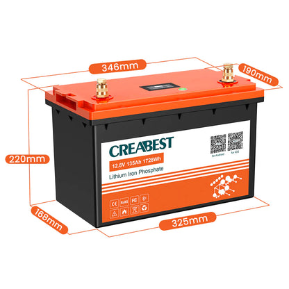 CREABEST LiFePO4 Akku 135Ah 12,8V für Wohnmobil, Wohnwagen, Camping, Solaranlagen, Off-Grid, Boote, Mover, mit Bluetooth