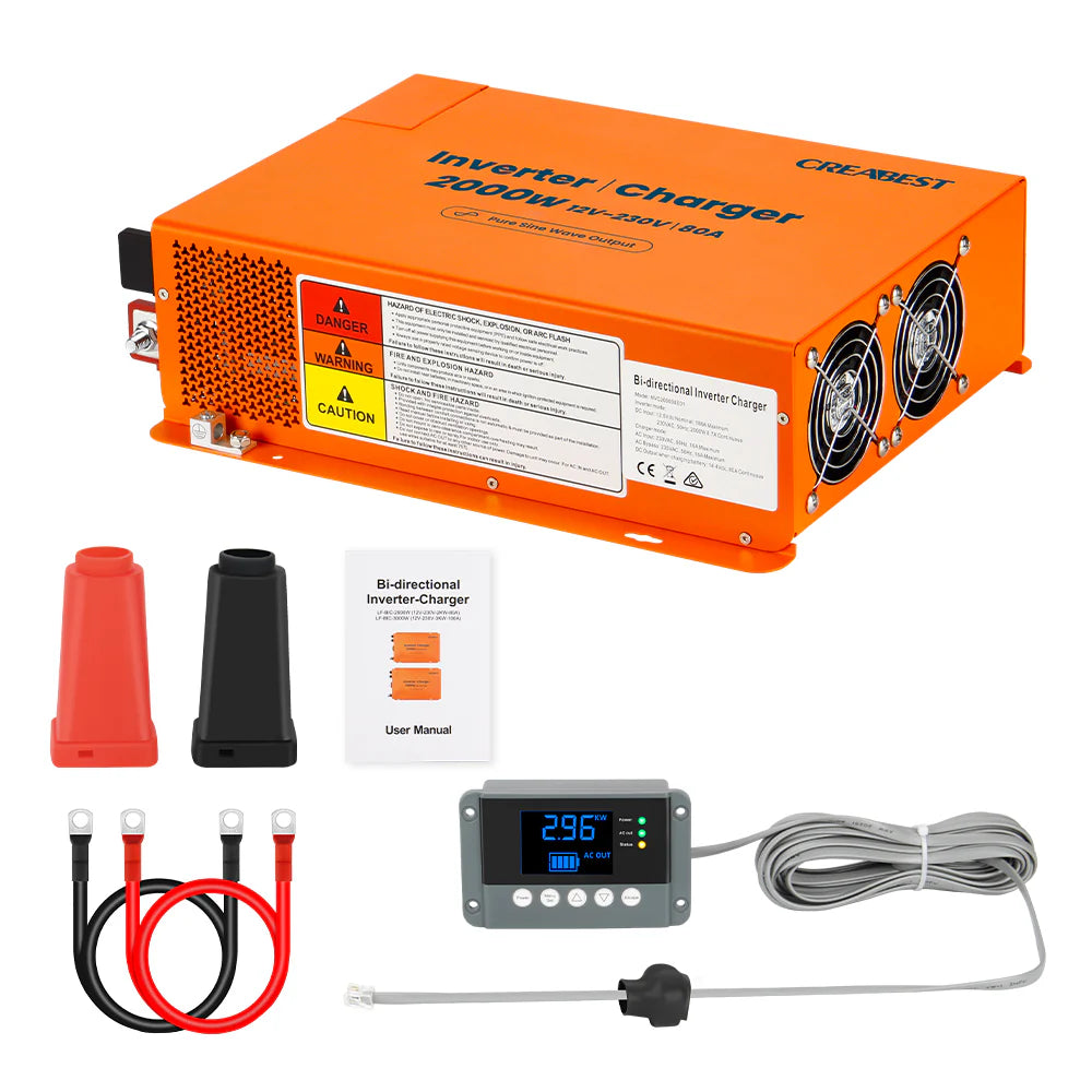 CREABEST 2000W Wechselrichter 12V auf 230V Reiner Sinus für Wohnmobil, Off Grid mit FI-Schalter, Ladegerät 80A, NVS, USV, R10, Wechselrichterkabel 35 mm²(USt-befreit nach §12 Abs.3 Nr. 1 S.1 UStG) Deutschland