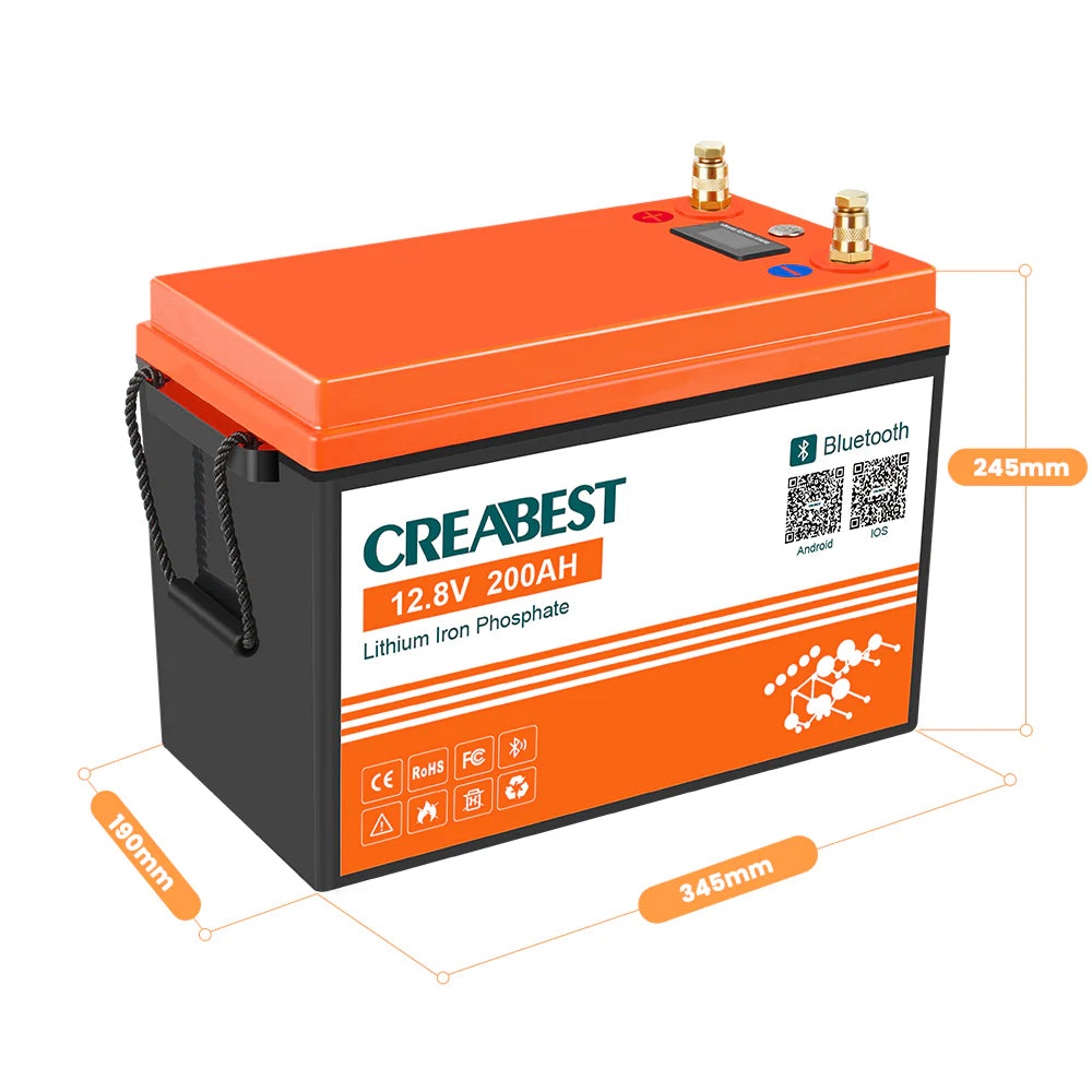 CREABEST LiFePO4 Akku 200Ah 12,8V für Wohnmobil, Wohnwagen, Camping, Boot, Solaranlagen, Off-Grid Backup Stromversorgung mit Bluetooth