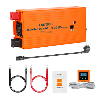 CREABEST 1500W Wechselrichter 12V auf 230V Reiner Sinus für Wohnmobil, Off Grid mit FI-Schalter, NVS, USV, R10, Wechselrichterkabel 25 mm² & AC Kabel (USt-befreit nach §12 Abs.3 Nr. 1 S.1 UStG) Deutschland