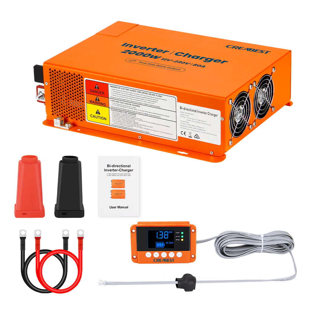 CREABEST 3000W Wechselrichter 12V auf 230V Reiner Sinus für Wohnmobil, Off Grid mit FI-Schalter, Ladegerät 100A, NVS, USV, R10, Wechselrichterkabel 50 mm² (USt-befreit nach §12 Abs.3 Nr. 1 S.1 UStG) Deutschland