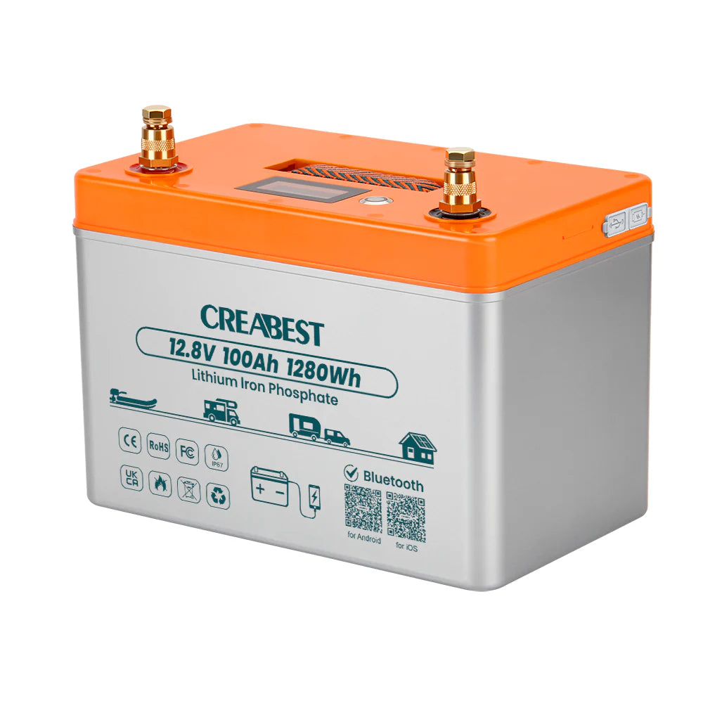 CREABEST LiFePO4 Akku 100Ah 12.8V für Wohnmobil Camping Solaranlagen Elektromotor Boot mit Selbsterwärmung & Typ C Ladeanschlüssen & Wasserdicht IP67 & Bluetooth