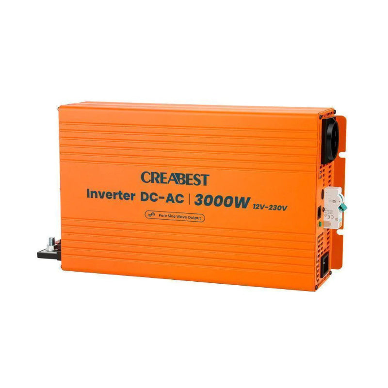 CREABEST 3000W Wechselrichter 12V auf 230V Reiner Sinus für Wohnmobil, Off Grid mit FI-Schalter, NVS, USV, R10, Wechselrichterkabel 50 mm² & AC Kabel (USt-befreit nach §12 Abs.3 Nr. 1 S.1 UStG) Deutschland
