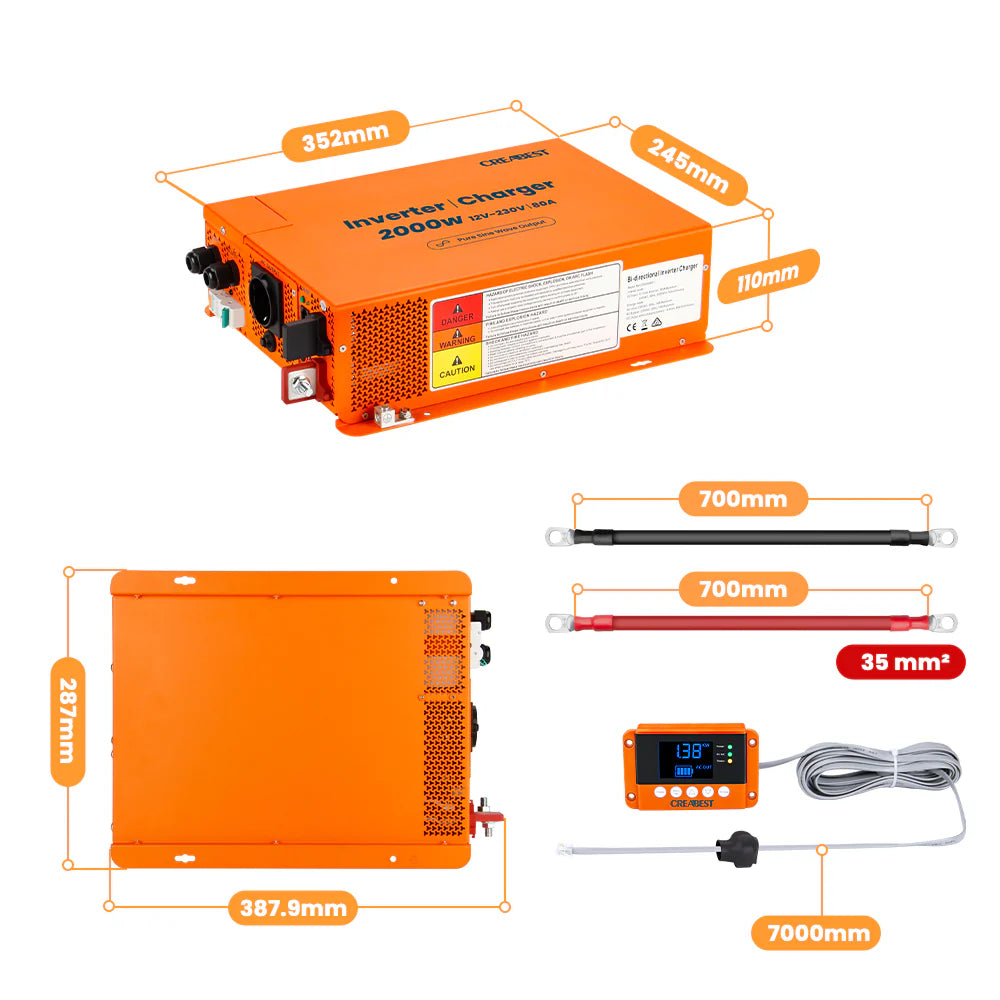 CREABEST 3000W Wechselrichter 12V auf 230V Reiner Sinus für Wohnmobil, Off Grid mit FI-Schalter, Ladegerät 100A, NVS, USV, R10, Wechselrichterkabel 50 mm² (USt-befreit nach §12 Abs.3 Nr. 1 S.1 UStG) Deutschland