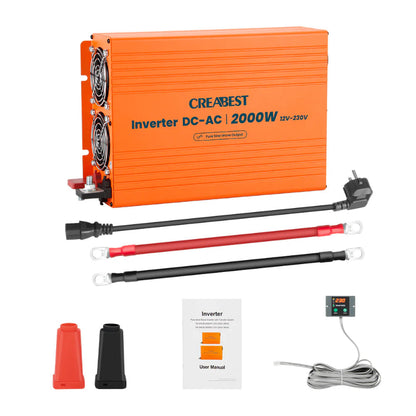 CREABEST 2000W Wechselrichter 12V auf 230V Reiner Sinus für Wohnmobil, Off Grid mit FI-Schalter, NVS, USV, R10, Wechselrichterkabel 35 mm² & AC Kabel