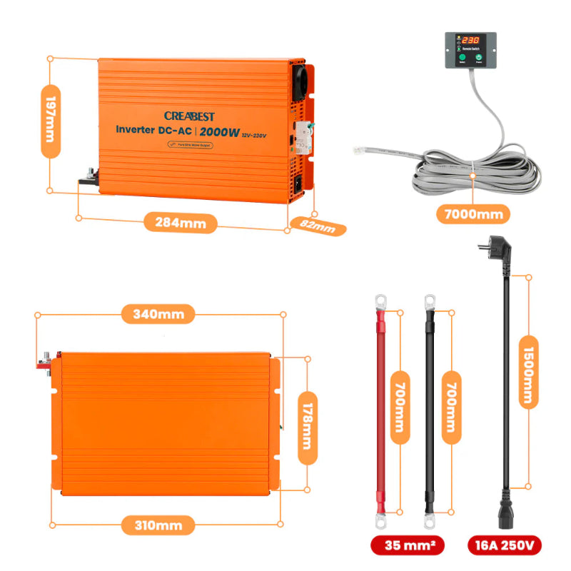 CREABEST 2000W Wechselrichter 12V auf 230V Reiner Sinus für Wohnmobil, Off Grid mit FI-Schalter, NVS, USV, R10, Wechselrichterkabel 35 mm² & AC Kabel