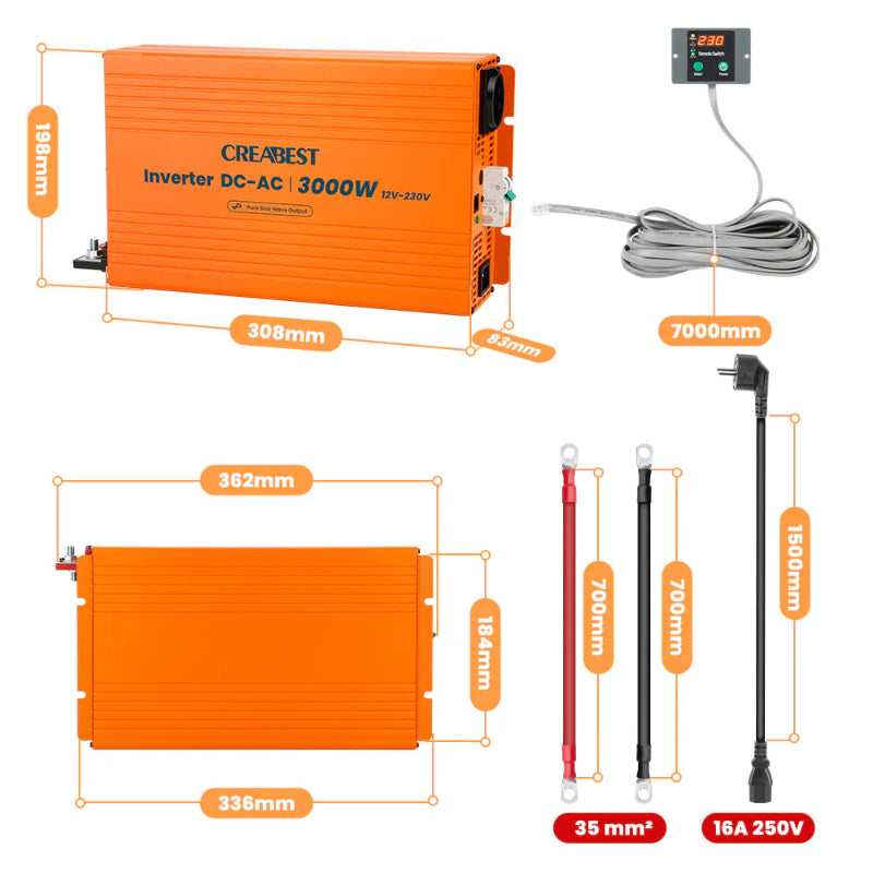 CREABEST 3000W Wechselrichter 12V auf 230V Reiner Sinus für Wohnmobil, Off Grid mit FI-Schalter, NVS, USV, R10, Wechselrichterkabel 50 mm² & AC Kabel (USt-befreit nach §12 Abs.3 Nr. 1 S.1 UStG) Deutschland