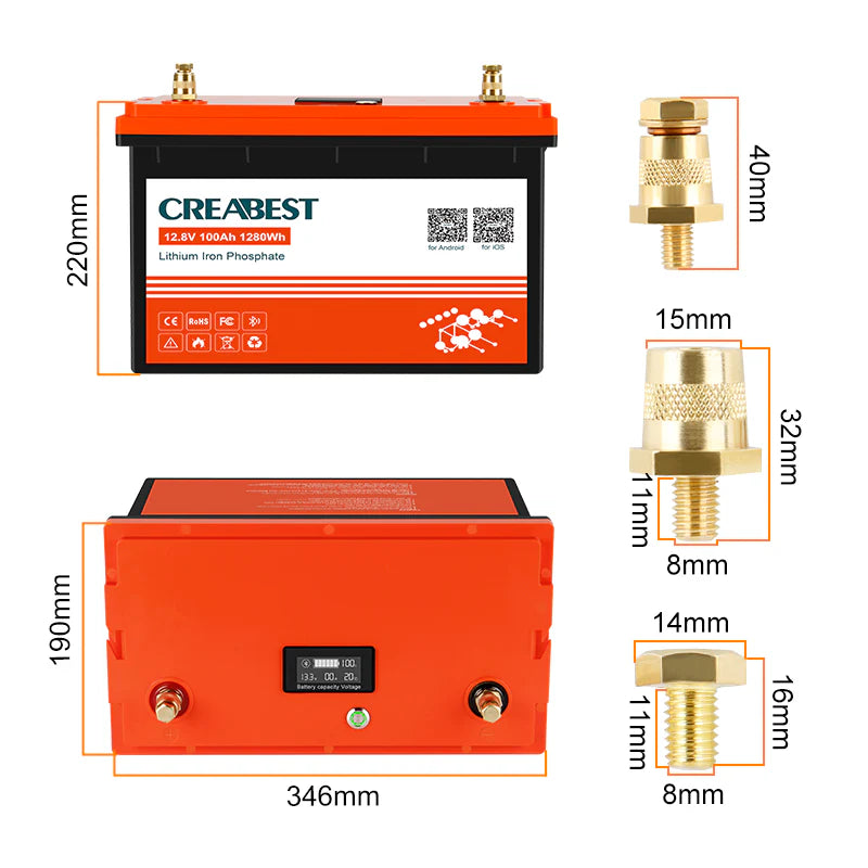 CREABEST LiFePO4 Akku 100Ah 12,8V für Wohnmobil, Wohnwagen, Camping, Solaranlagen, Off-Grid, Boote, Mover, Backup-Stromversorgung mit Bluetooth