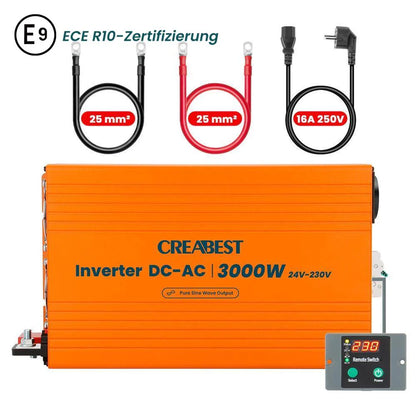 CREABEST 3000W Wechselrichter 24V auf 230V Reiner Sinus für Wohnmobil, Solaranlagen, Off Grid mit FI-Schalter & 2x Wechselrichterkabel 25 mm²