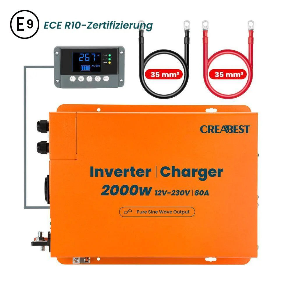 CREABEST 2000W Wechselrichter 12V auf 230V Reiner Sinus für Wohnmobil, Off Grid mit FI-Schalter, Ladegerät 80A, NVS, USV, R10, Wechselrichterkabel 35 mm²(USt-befreit nach §12 Abs.3 Nr. 1 S.1 UStG) Deutschland