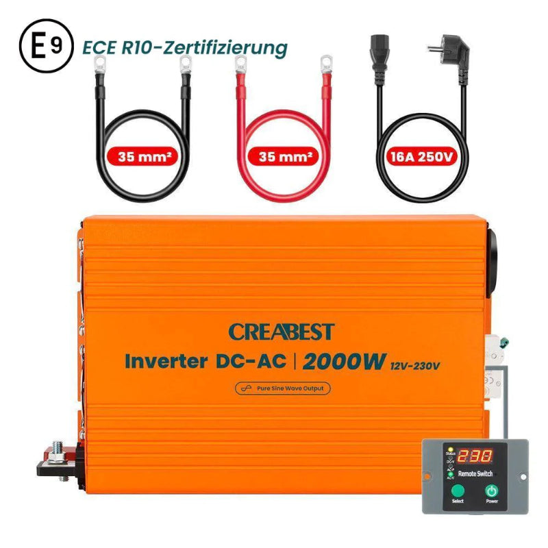 CREABEST 2000W Wechselrichter 12V auf 230V Reiner Sinus für Wohnmobil, Off Grid mit FI-Schalter, NVS, USV, R10, Wechselrichterkabel 35 mm² & AC Kabel