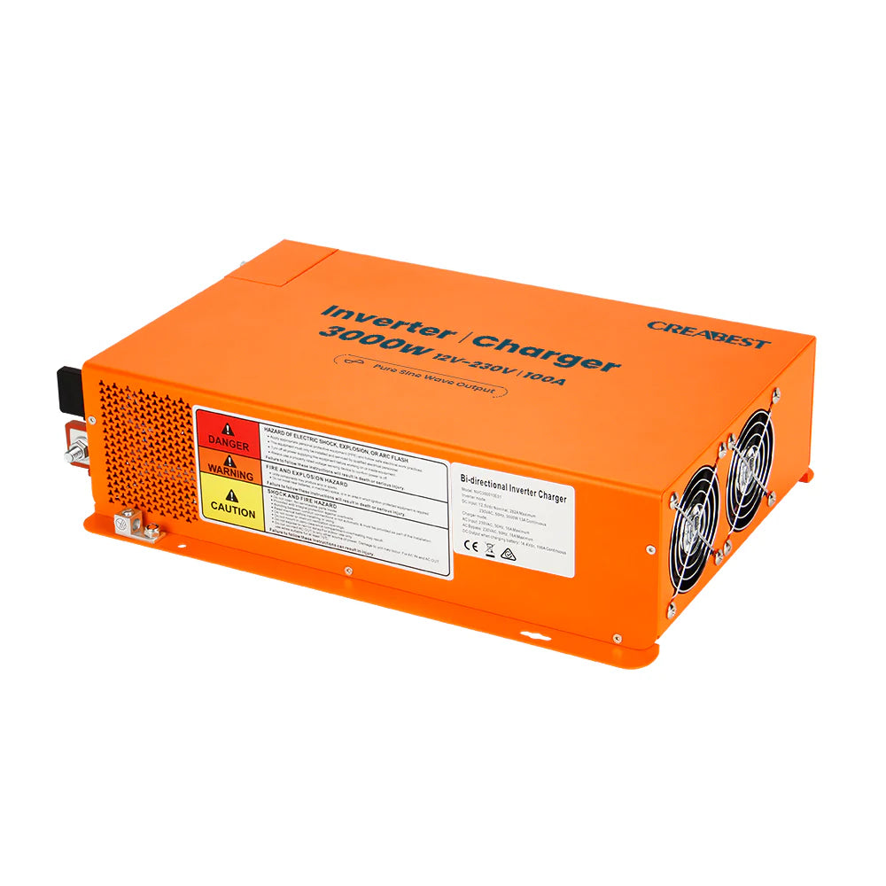 CREABEST 3000W Wechselrichter 12V auf 230V Reiner Sinus für Wohnmobil, Off Grid mit FI-Schalter, Ladegerät 100A, NVS, USV, R10, Wechselrichterkabel 50 mm² (USt-befreit nach §12 Abs.3 Nr. 1 S.1 UStG) Deutschland