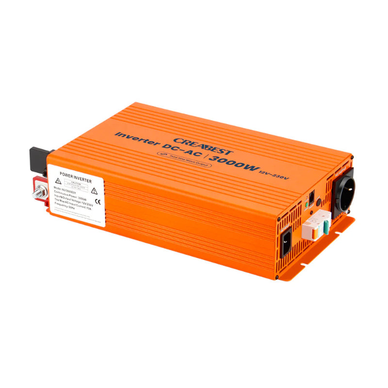 CREABEST 3000W Wechselrichter 12V auf 230V Reiner Sinus für Wohnmobil, Off Grid mit FI-Schalter, NVS, USV, R10, Wechselrichterkabel 50 mm² & AC Kabel (USt-befreit nach §12 Abs.3 Nr. 1 S.1 UStG) Deutschland