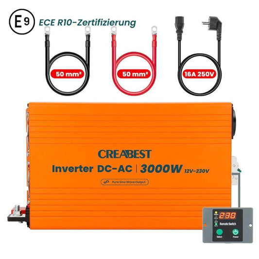 CREABEST 3000W Wechselrichter 12V auf 230V Reiner Sinus für Wohnmobil, Off Grid mit FI-Schalter, NVS, USV, R10, Wechselrichterkabel 50 mm² & AC Kabel (USt-befreit nach §12 Abs.3 Nr. 1 S.1 UStG) Deutschland
